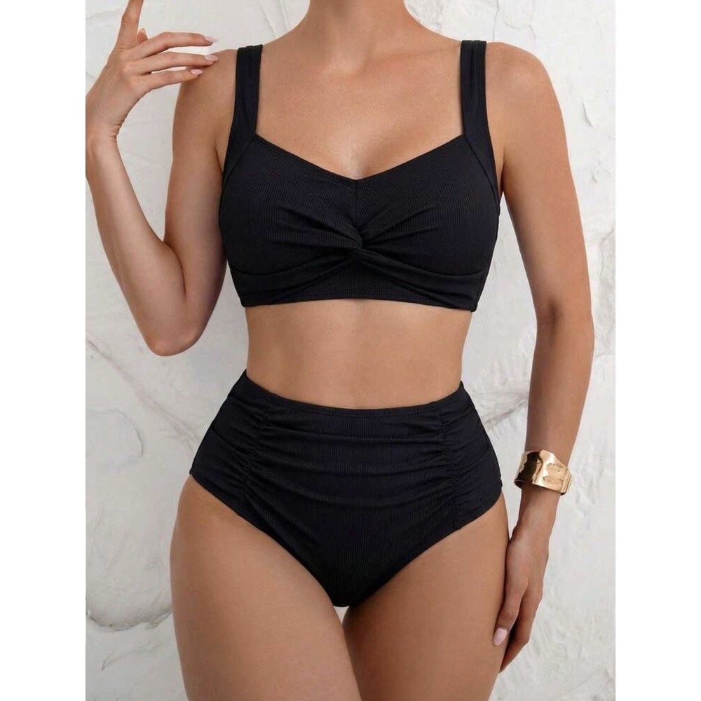Shein Womens Large Black Rouched High Waist Two Piece Swimwear Set Summer Beach